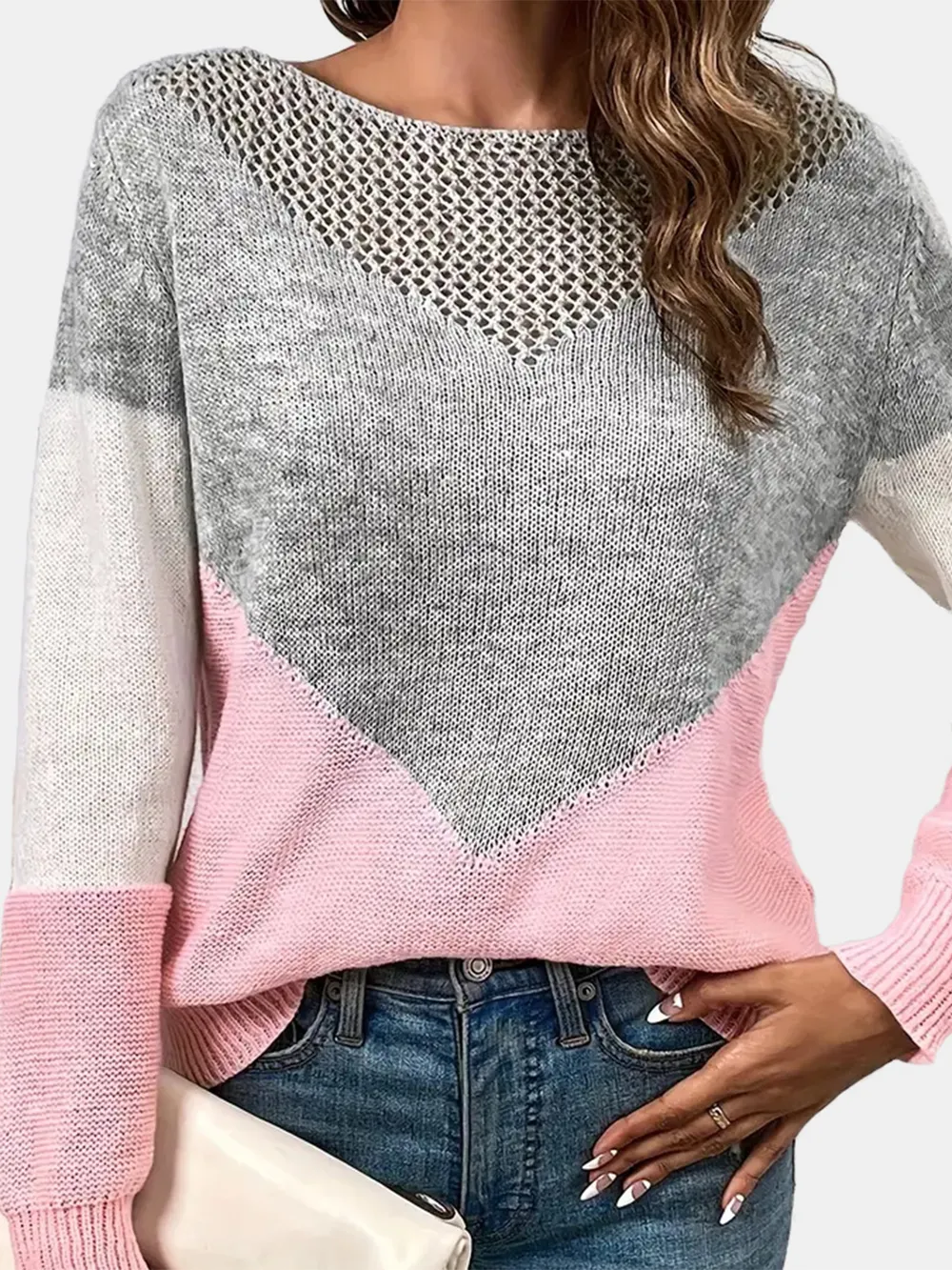 Openwork Contrast Round Neck Long Sleeve Knit Top, image 3