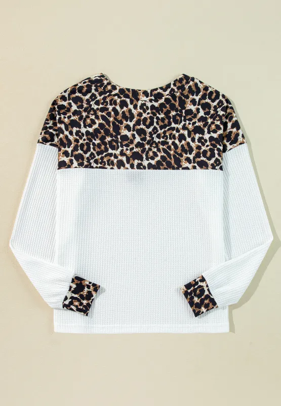 Waffle-Knit Leopard V-Neck Long Sleeve Blouse, image 5