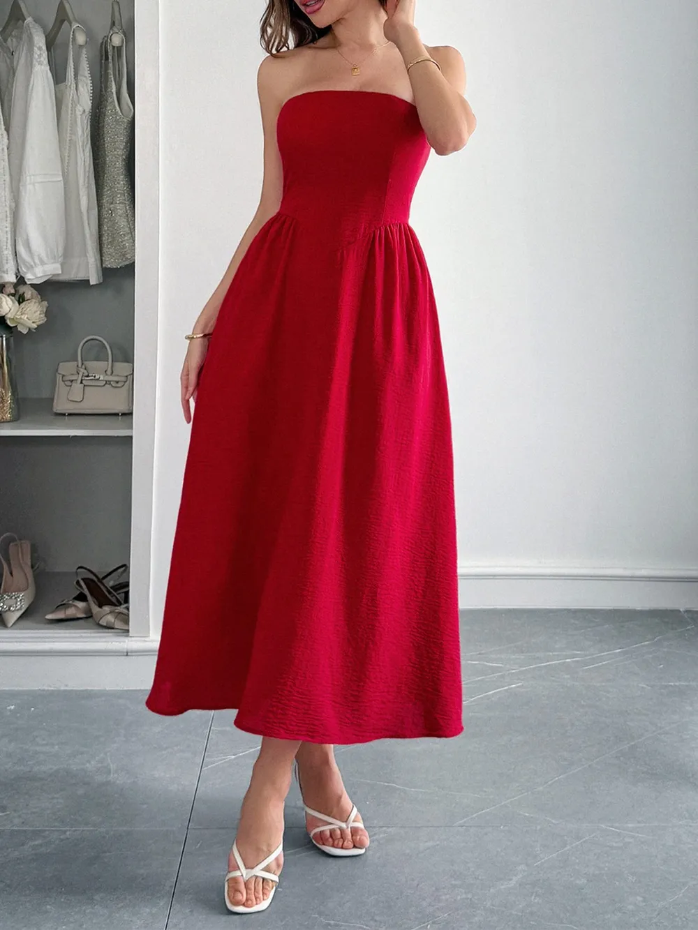 Strapless A-Line Midi Dress with Pockets, image 9