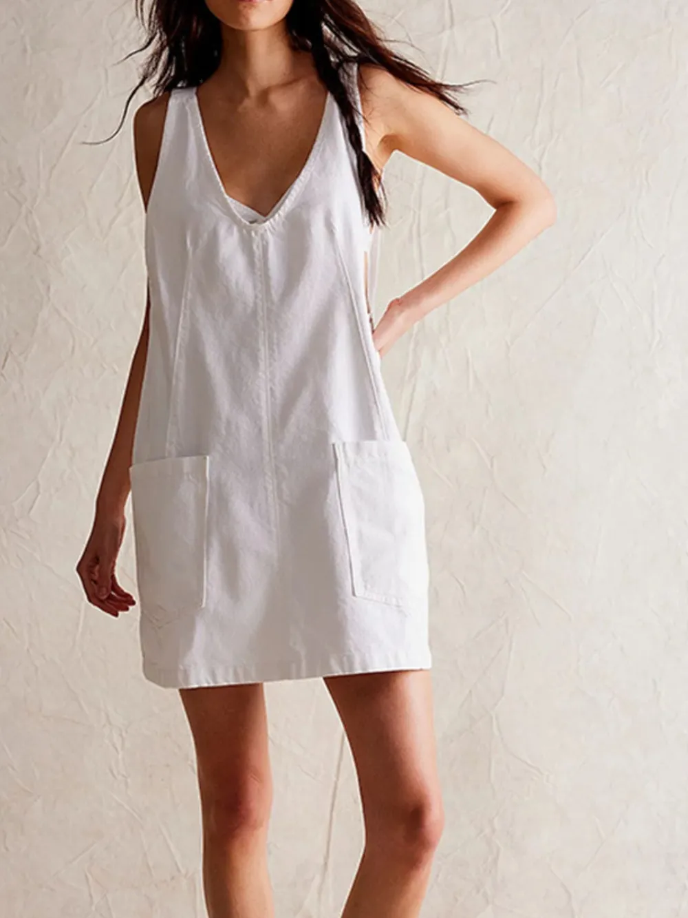 Oversized V-Neck Denim Tank Dress with Front Pockets, image 3