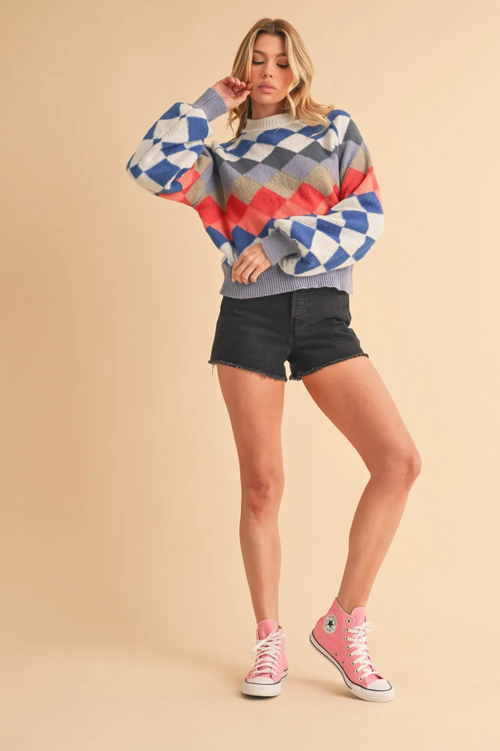 Diamond Mock Neck Raglan Sleeve Sweater, image 11