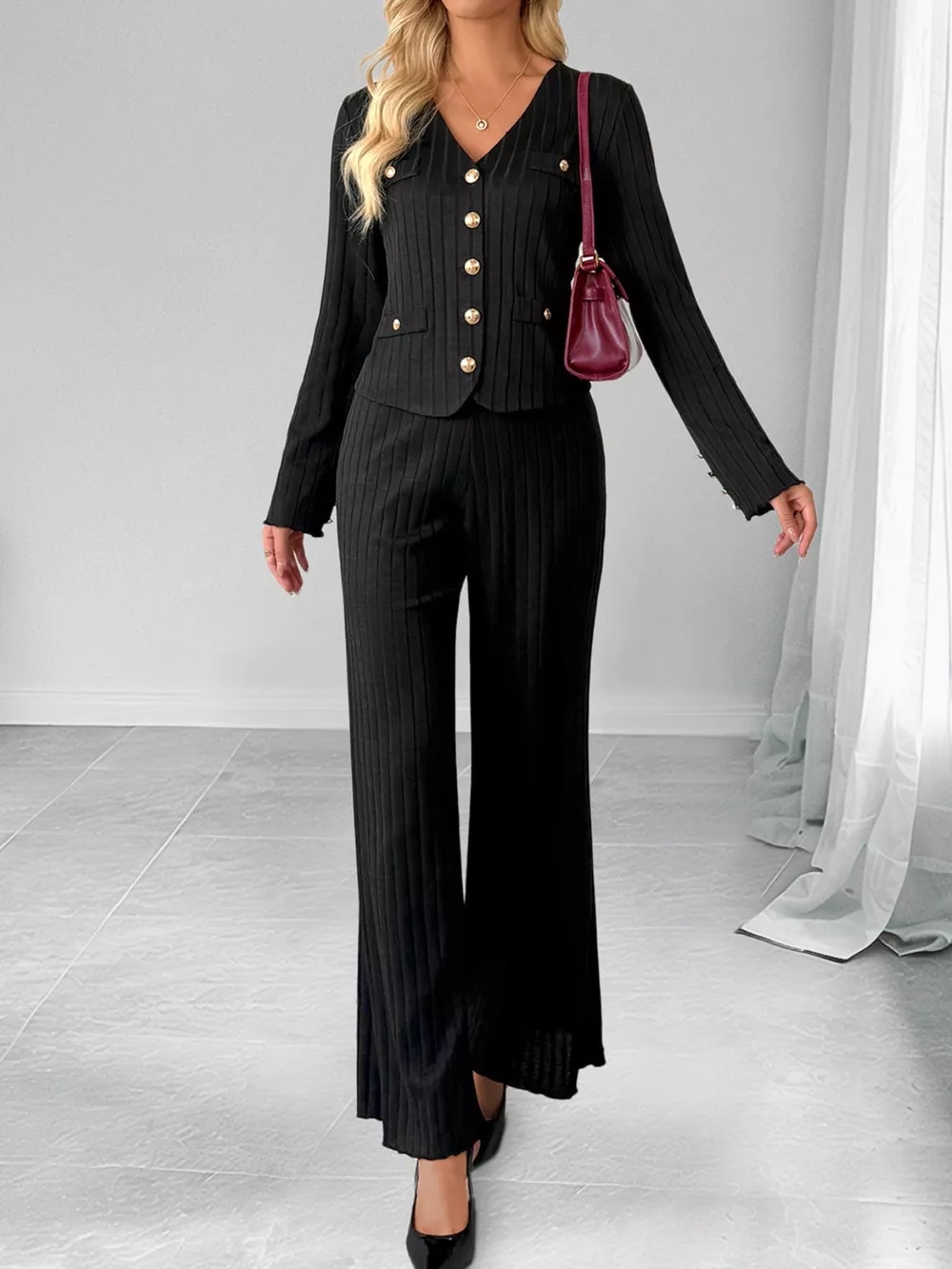 Ribbed Knit Cardigan & Wide Leg Pants Set, image 10