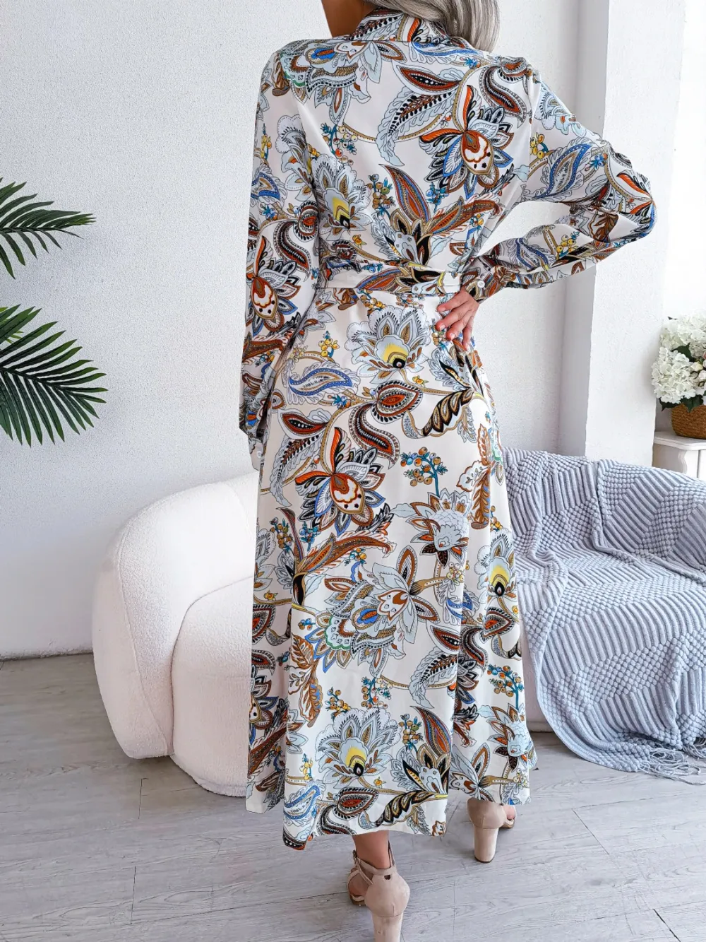 Tied Printed Long Sleeve Midi Dress, image 10