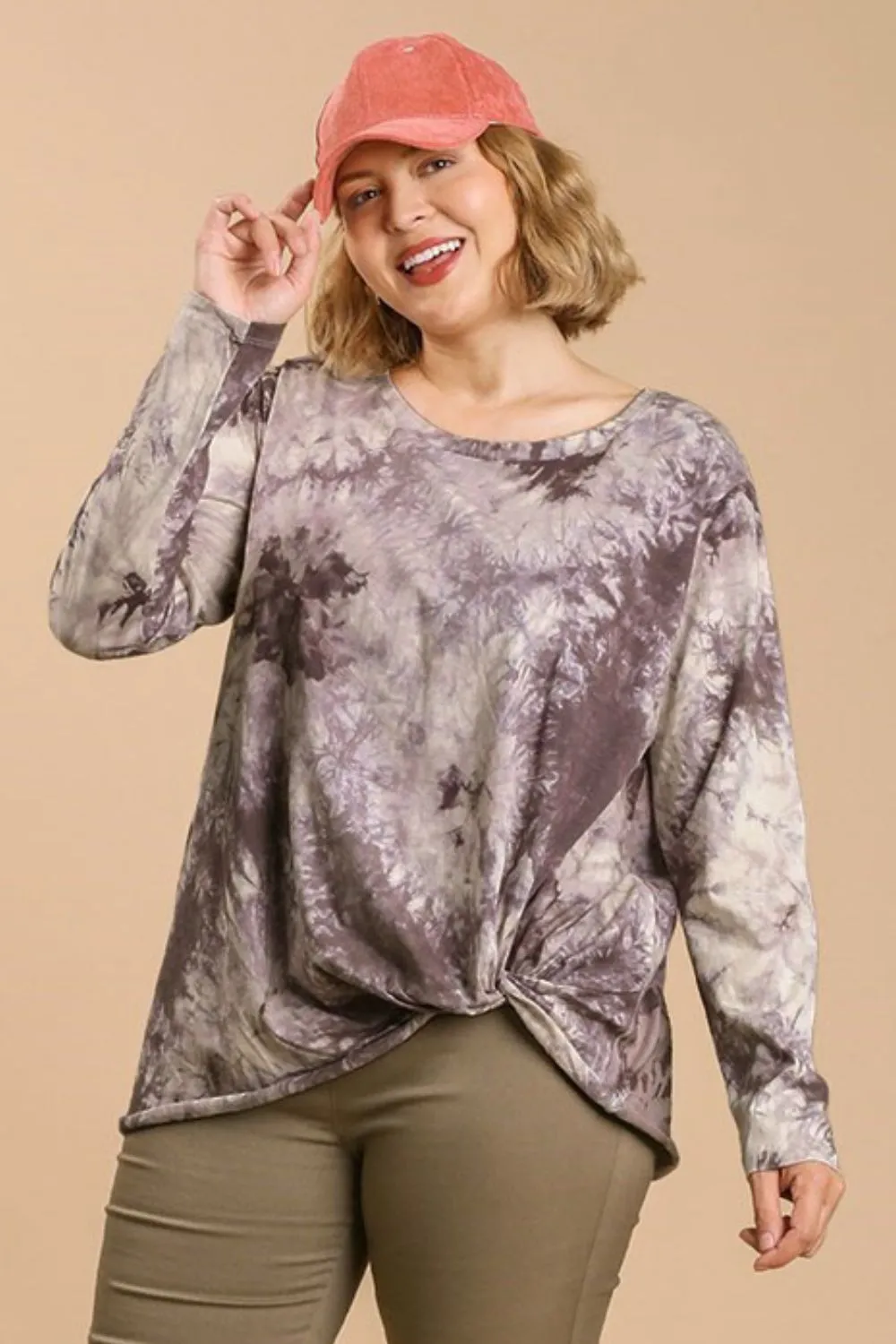 Full Size Tie Dye Front Gathered Detail Round Neck Long Sleeve T-Shirt Plus Size, image 5