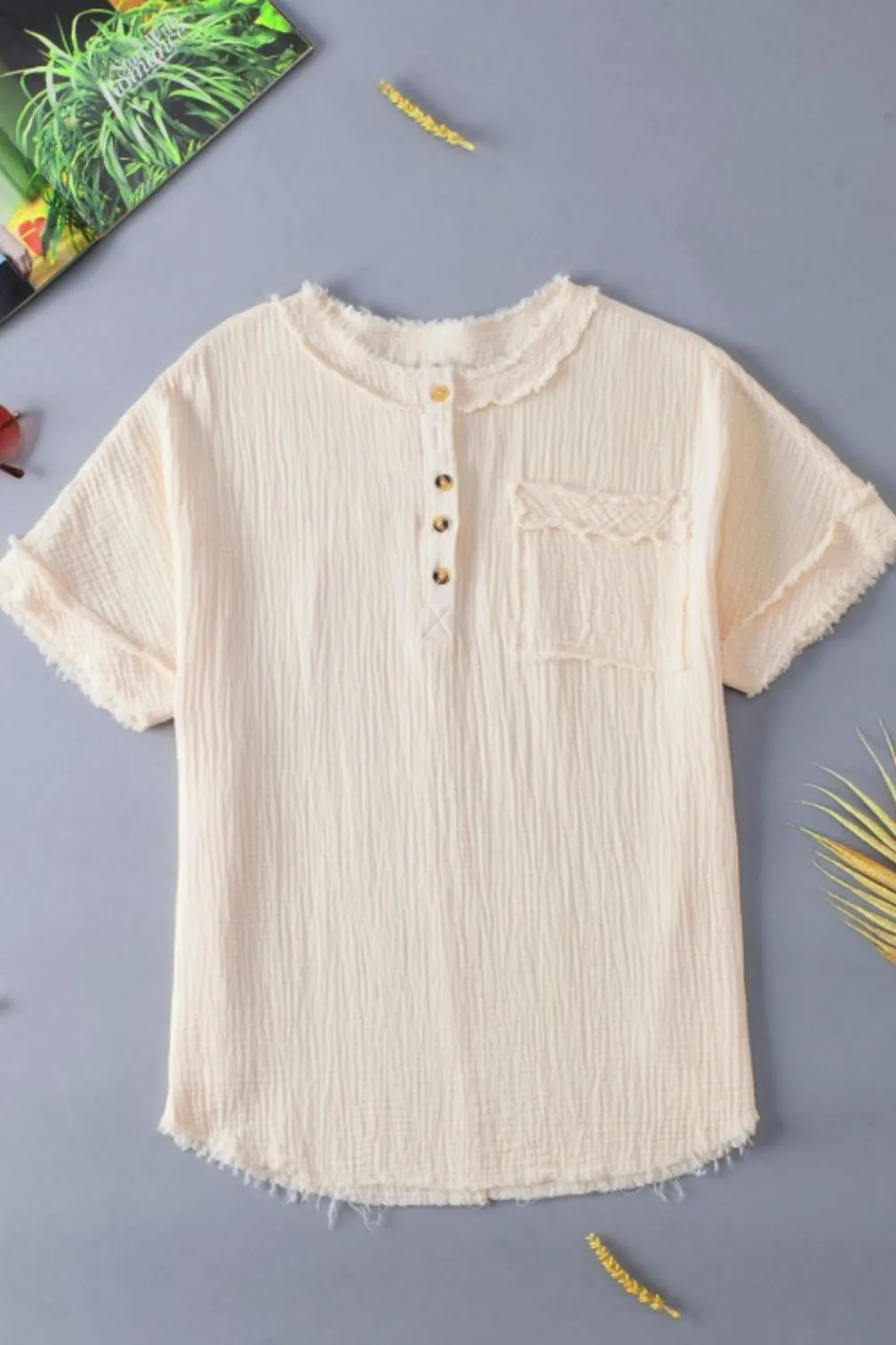 Textured Frayed Trim Half Button Short Sleeve Top, image 7