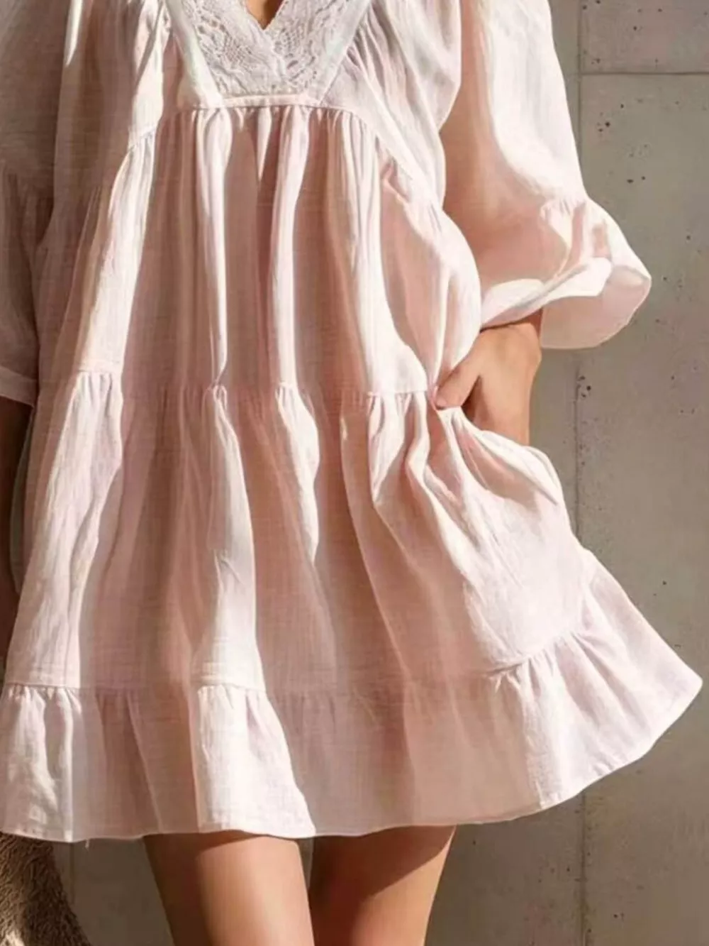 Full Size Lace Trim Puff Sleeve Mini Dress Plus Size, image 7