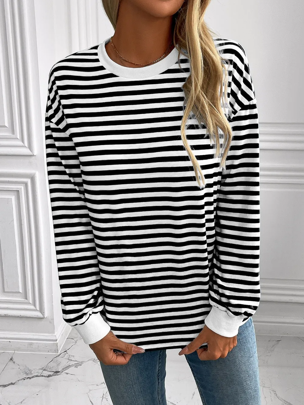 Striped Round Neck Long Sleeve Sweatshirt, image 11