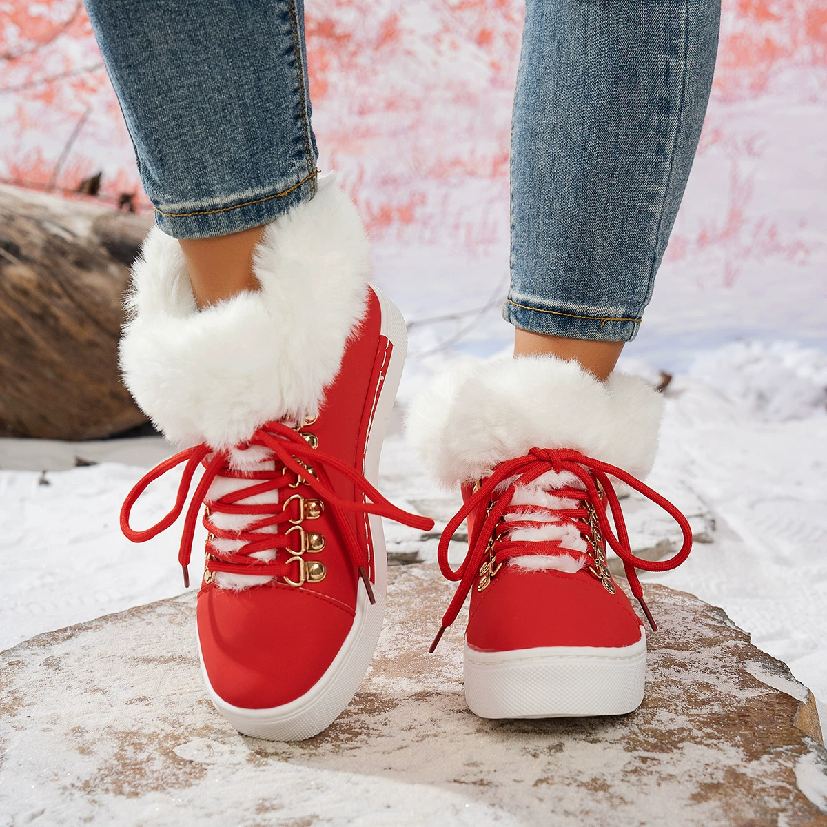 Fuzzy Trim Lace-Up Ankle Boots, image 14