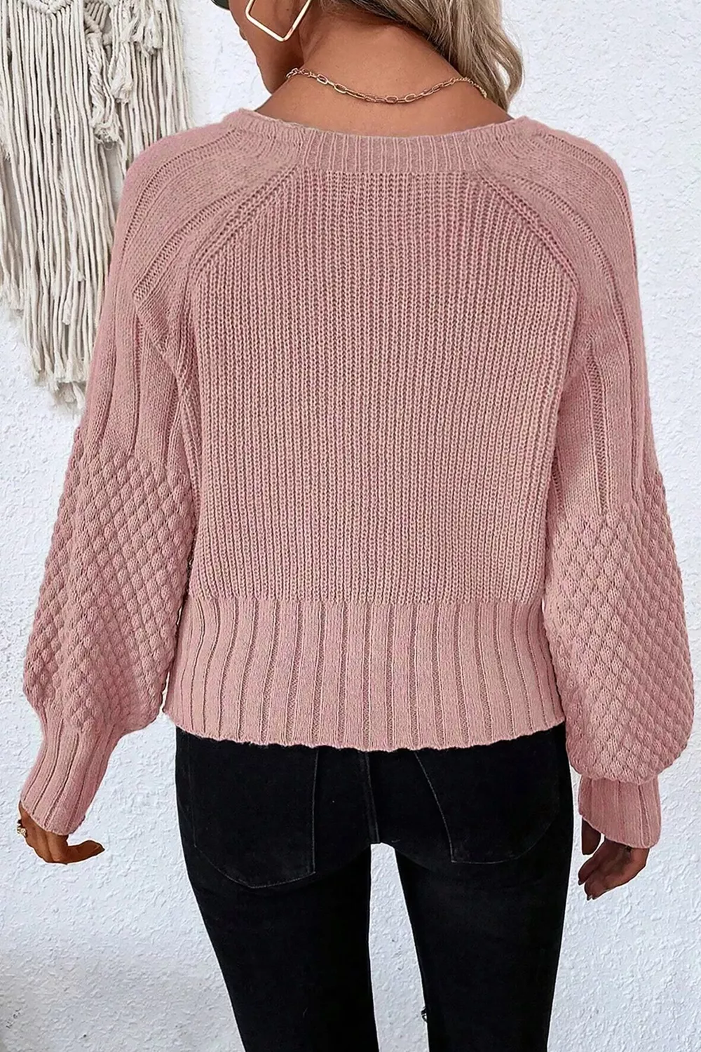Mixed Texture Knit Button V Neck Sweater Cardigan, image 6