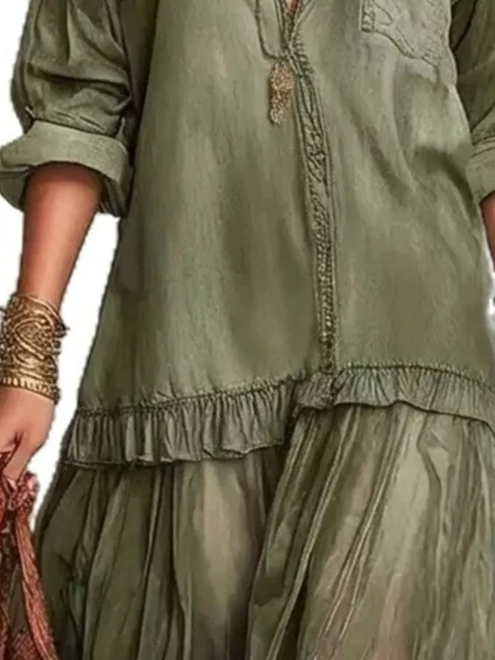 Full Size Tiered Long Sleeve Denim Shirt Maxi Dress Plus Size, image 8