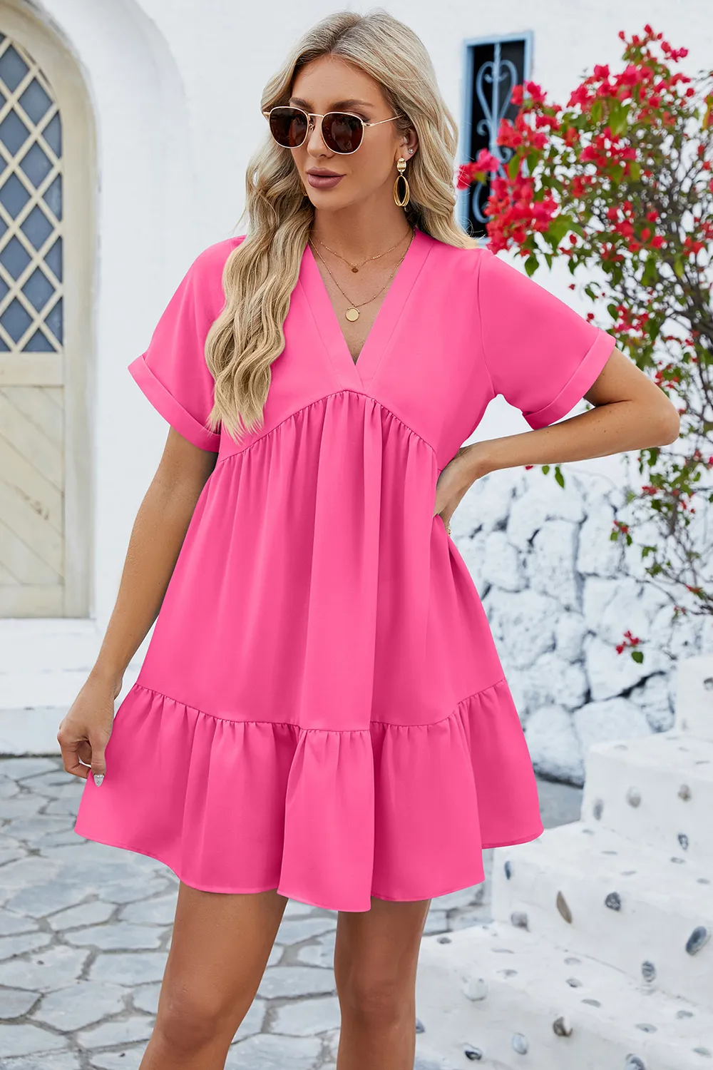Ruched Tiered V-Neck Short Sleeve Mini Dress, image 8