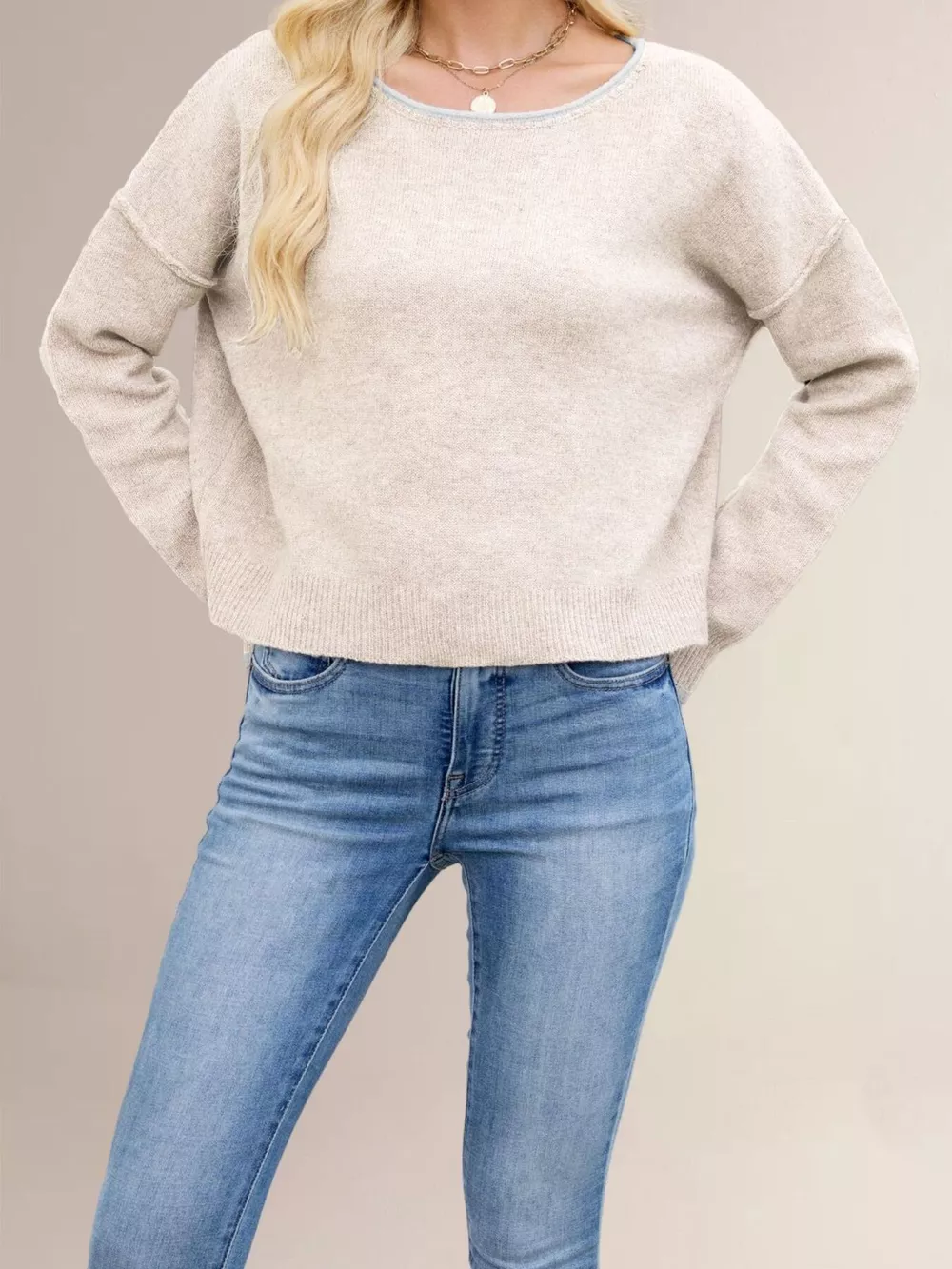Contrast Trim Dropped Shoulder Sweater, image 9