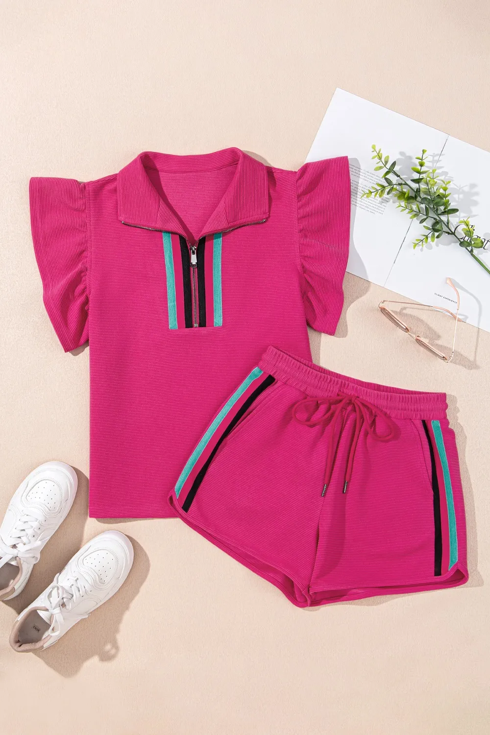 Striped Detail Flutter Sleeve Zipped Collar Top and Short Set, image 7