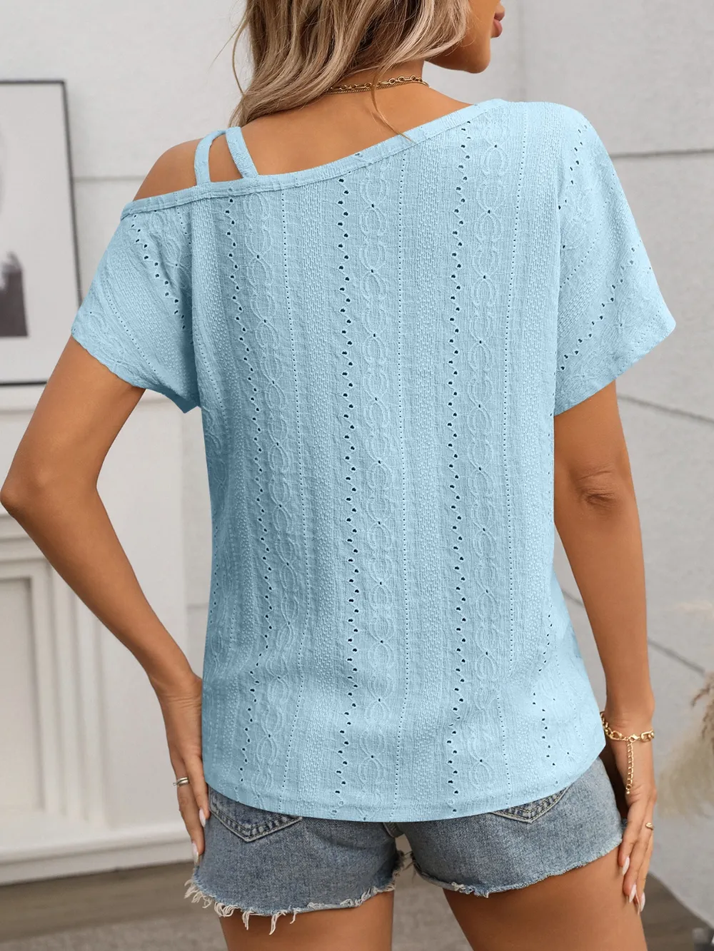 Eyelet Asymmetrical Shoulder Short Sleeve T-Shirt, image 25