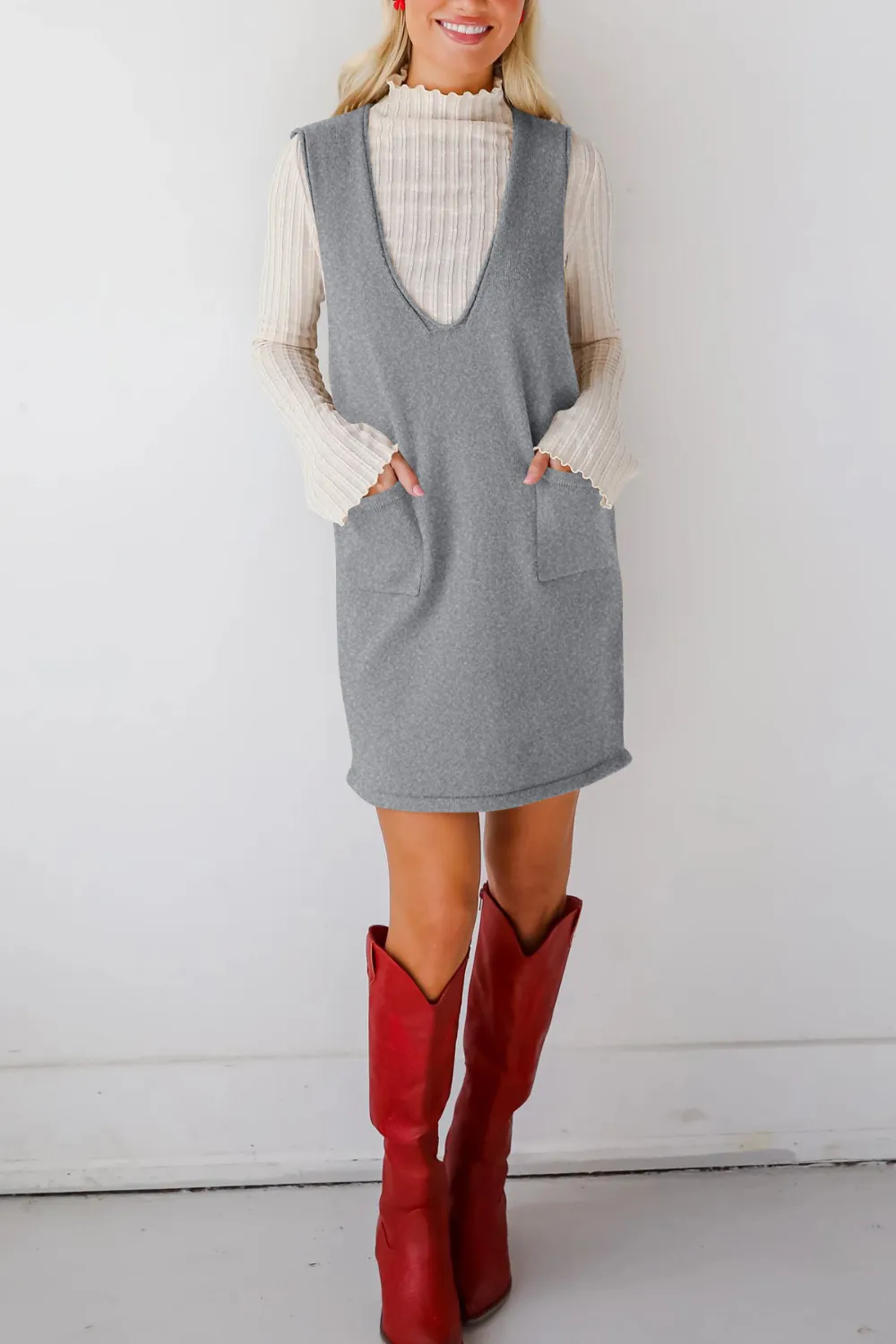 Pocketed V-Neck Mini Sweater Overall Dress, image 20