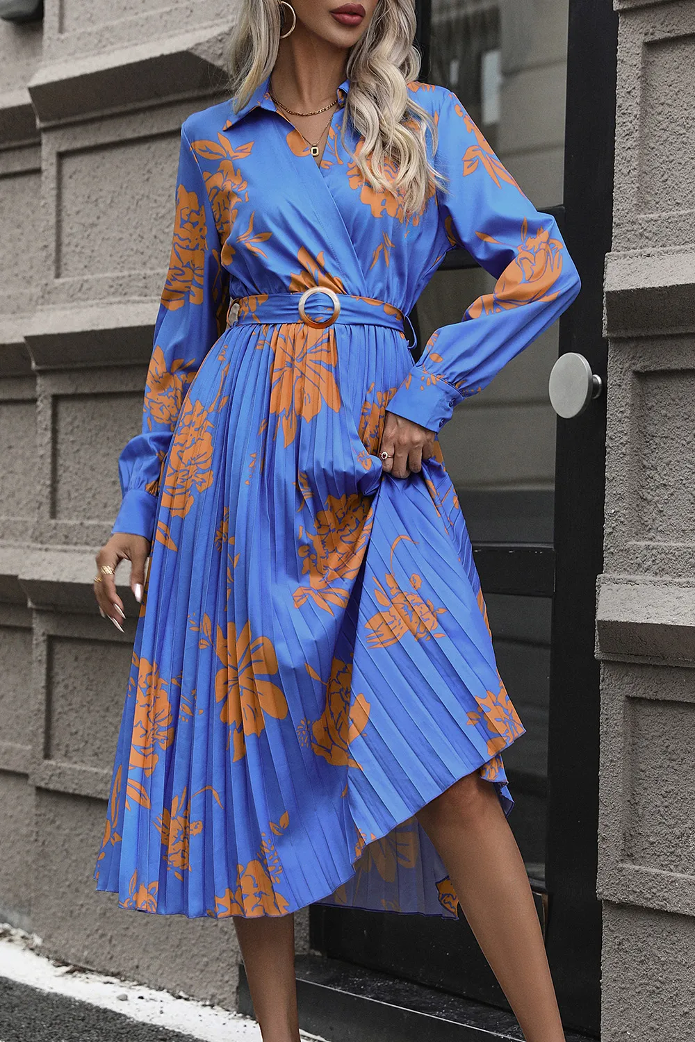 Floral Pleated Surplice Long Sleeve Midi Dress, image 4