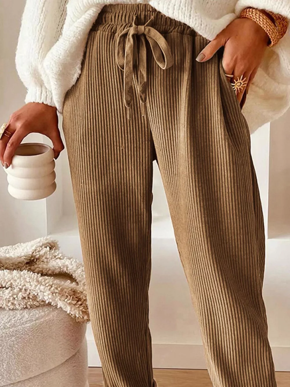 Casual Corduroy Drawstring Waist Pants, image 8