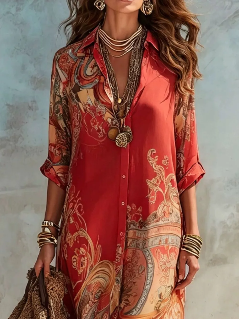 Full Size Printed Button-Down Maxi Shirt Dress Plus Size, image 5