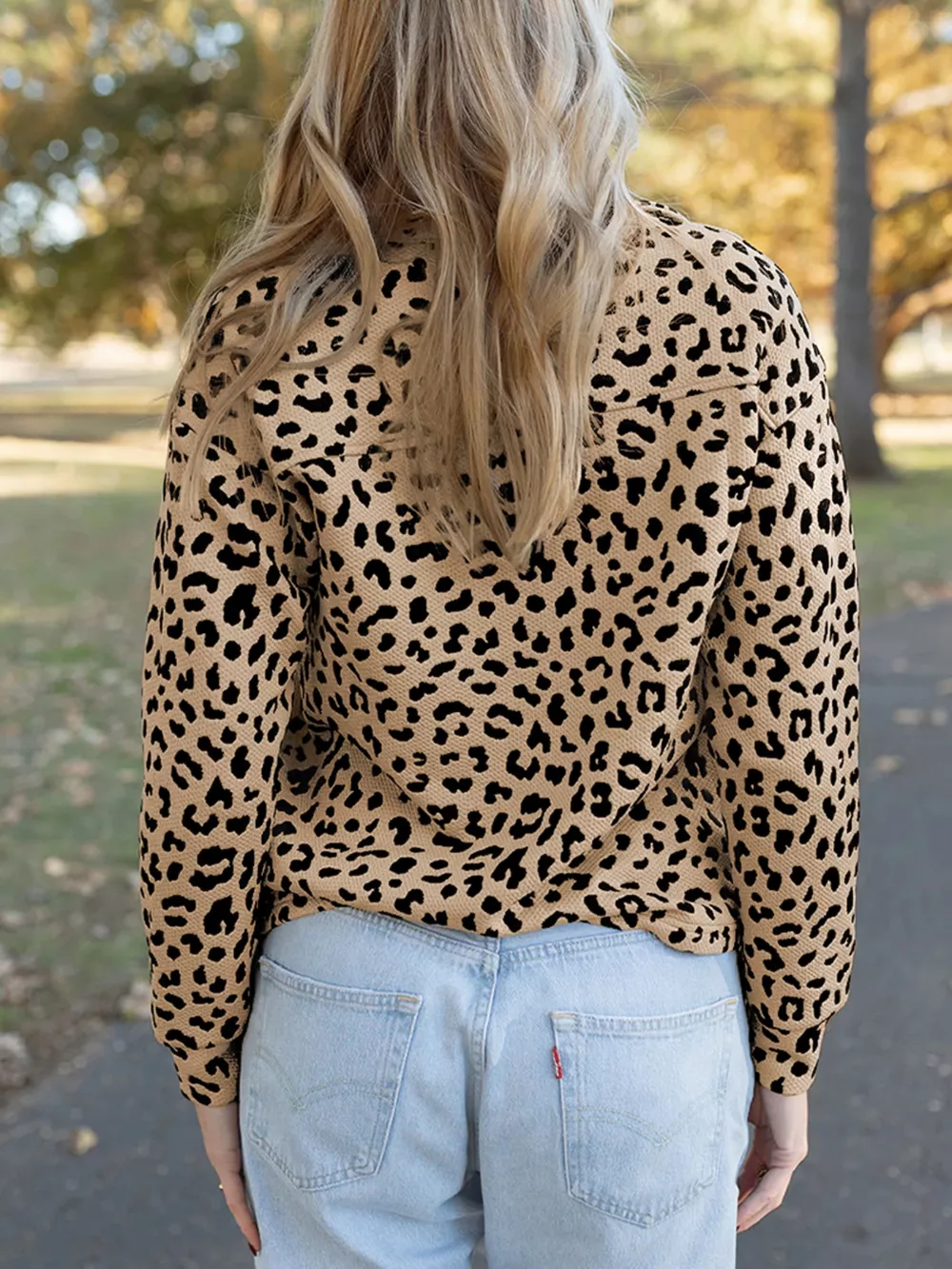 Leopard Polo Collar V Neck Pullover Top, image 2
