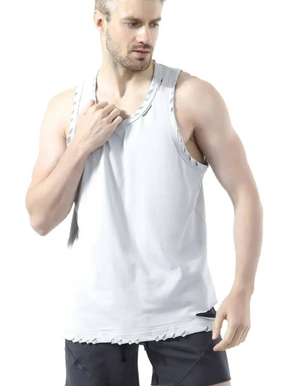 Men's Plus Size Distressed Hem Round Neck Tank, image 4
