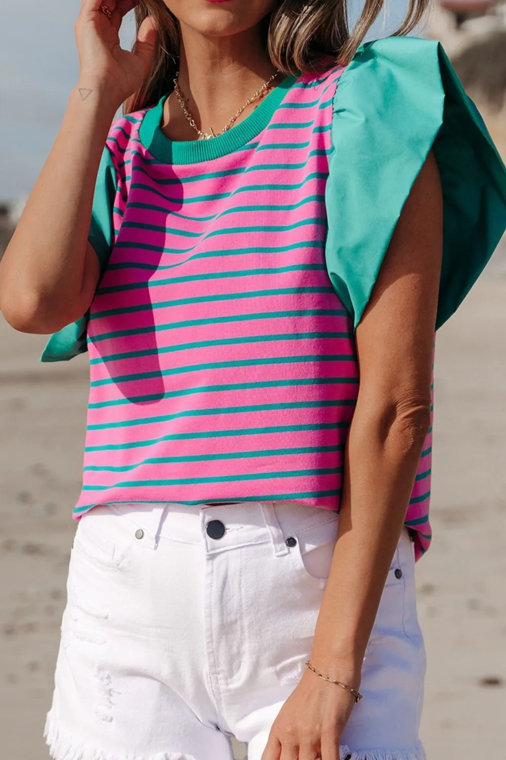 Striped Round Neck Cap Sleeve Blouse, image 6