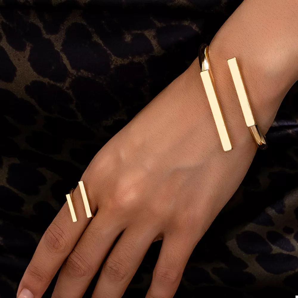 Adjustable 18K Gold-Plated Modern Bar Bracelet and Ring Jewelry Set