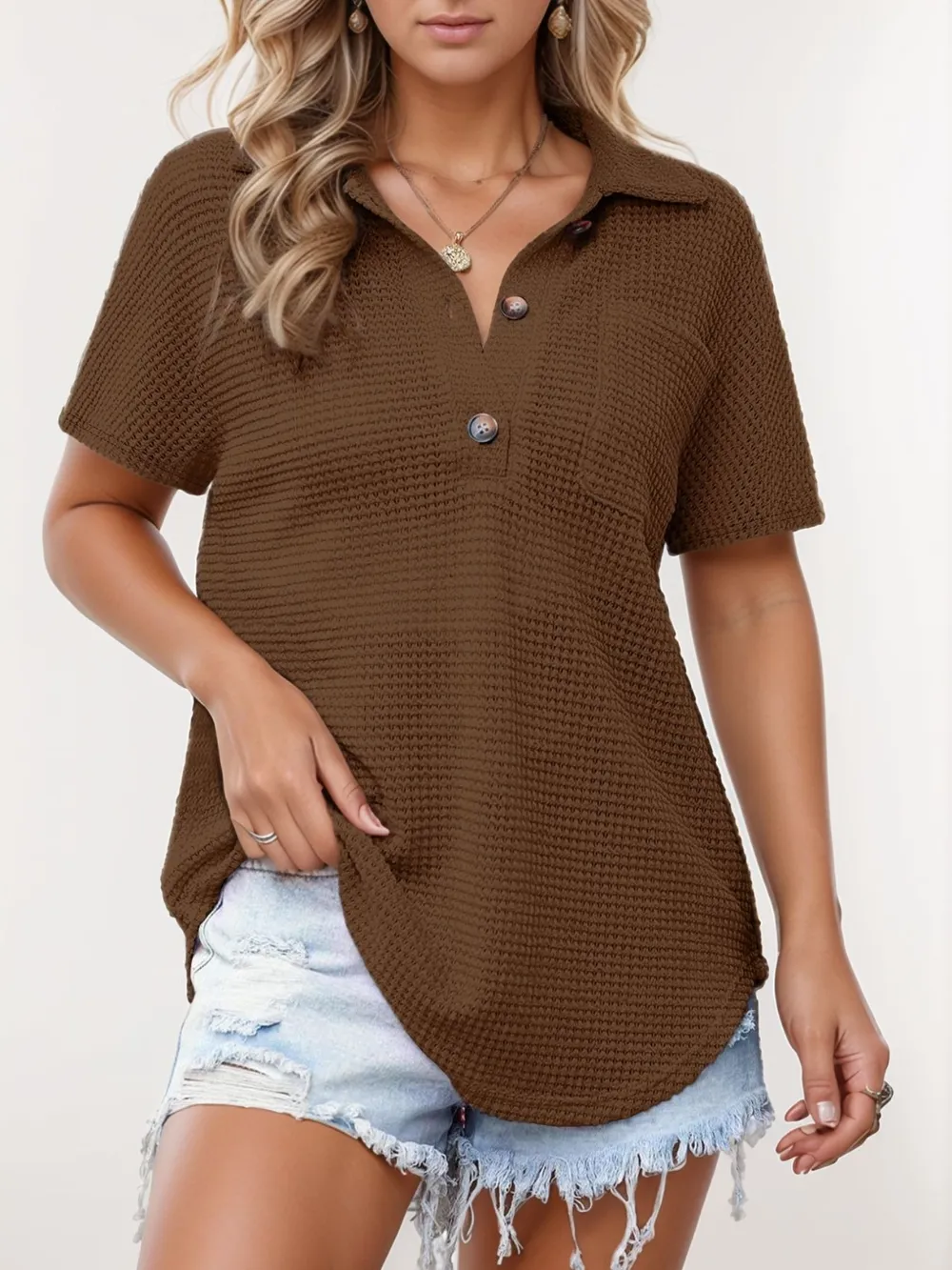 Waffle-Knit Short Sleeve Polo Shirt, image 8