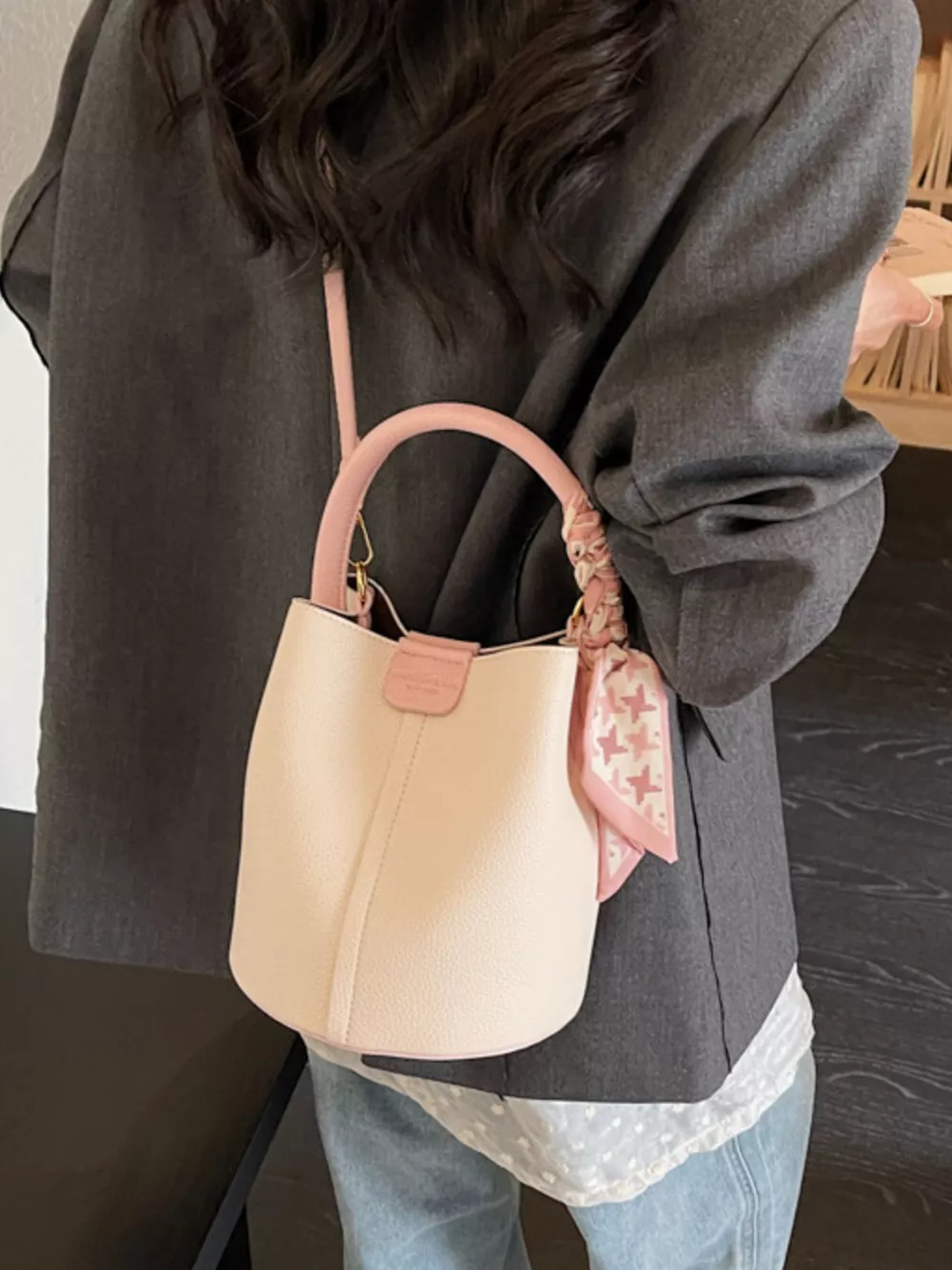 Leather Bucket Crossbody Bag, image 3
