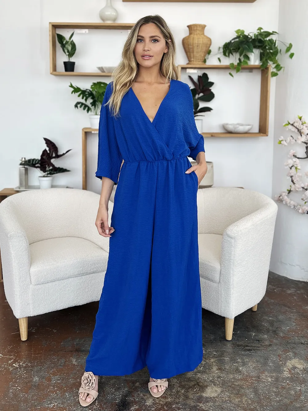Full Size Surplice Wide Leg Jumpsuit with Pockets, image 11
