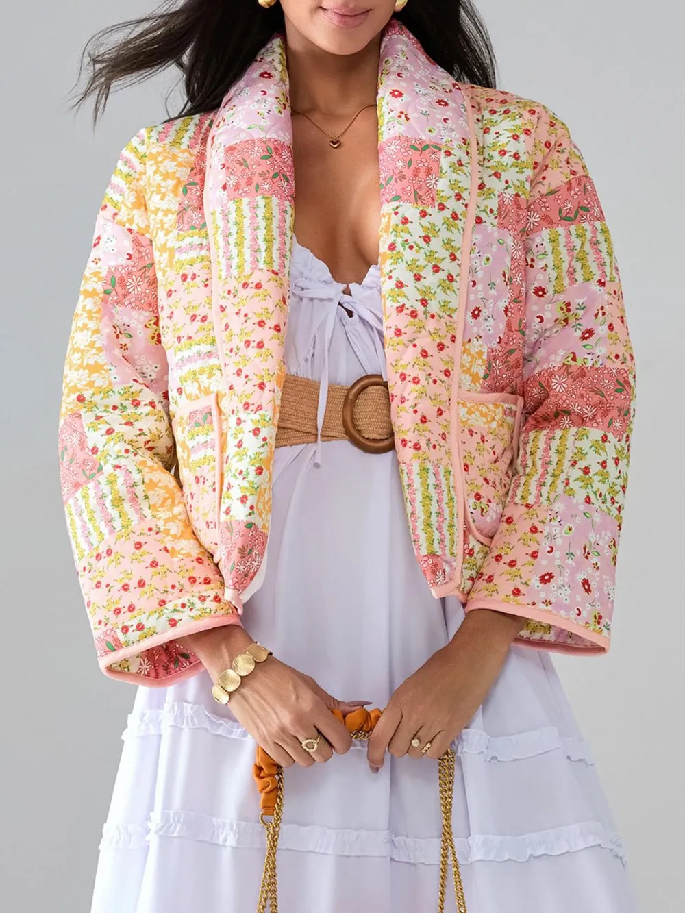 Printed Patchwork Open Front Cardigan with Pockets, image 9