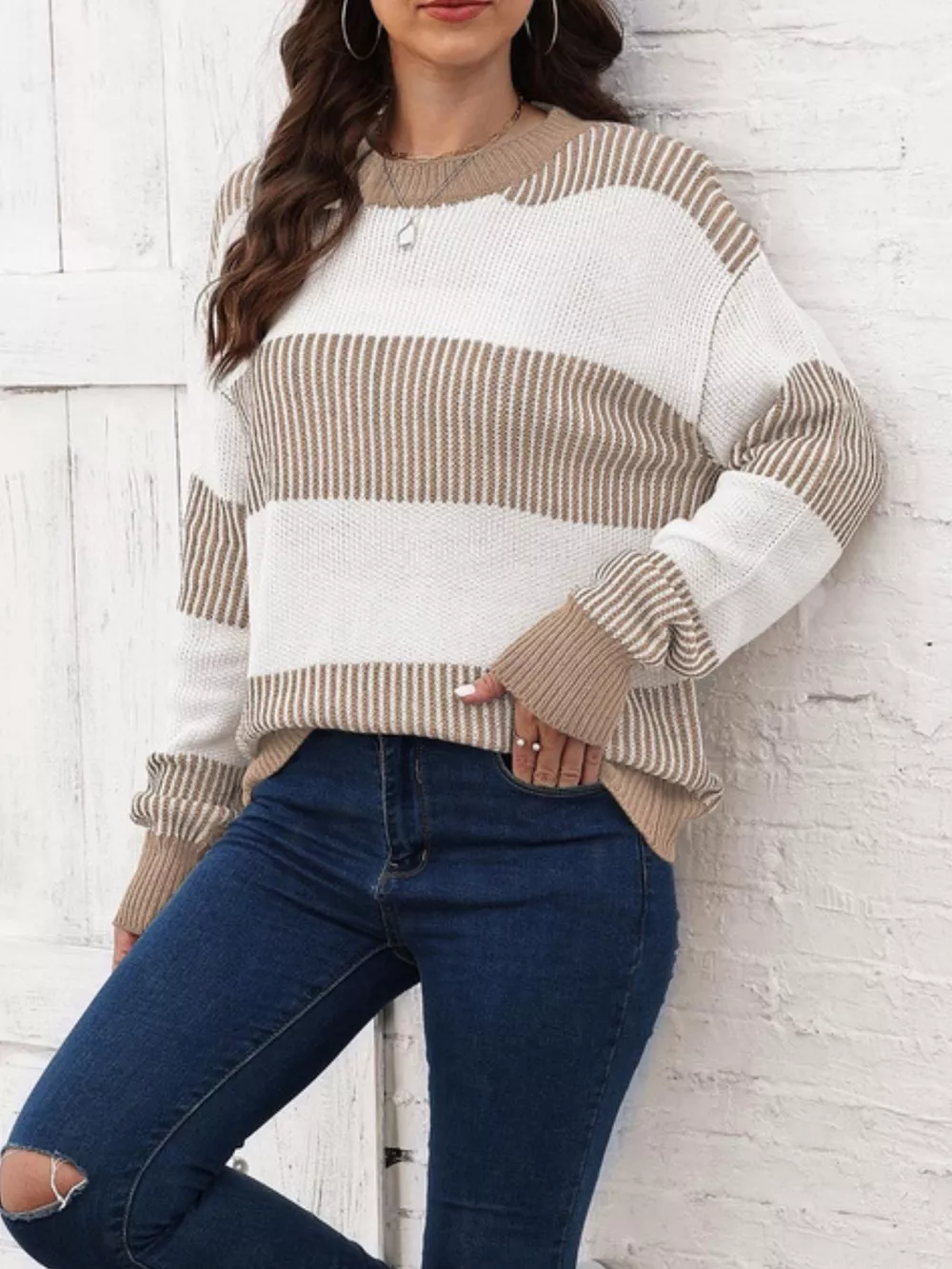 Full Size Color Block Dropped Shoulder Sweater Plus Size, image 11