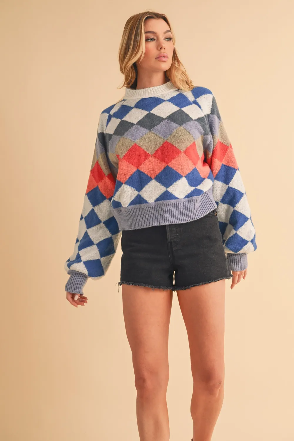 Diamond Mock Neck Raglan Sleeve Sweater, image 6
