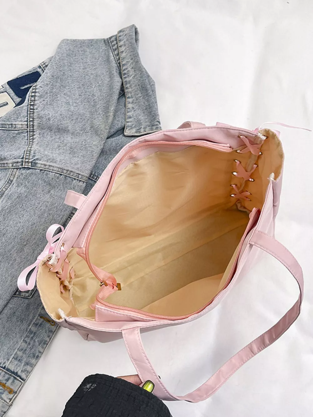 Lace-Up Trim Clear Panel Shoulder Bag, image 12