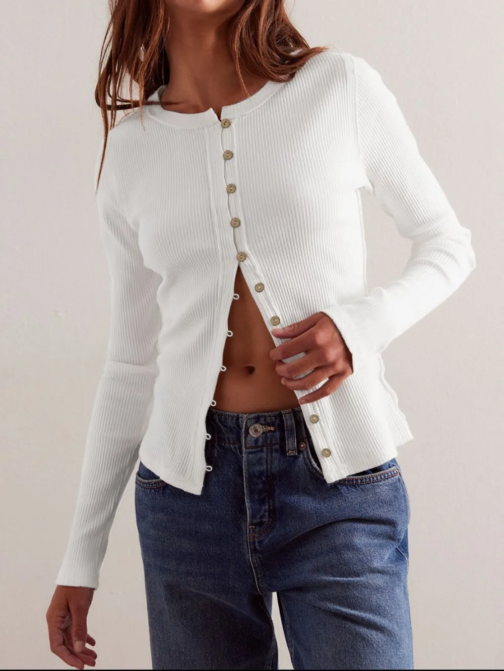 Ribbed Round Neck Long Sleeve Top, image 2