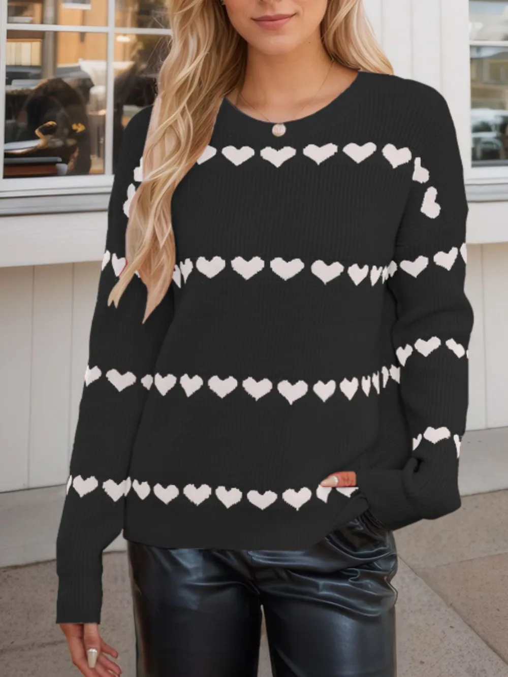 Heart Round Neck Long Sleeve Sweater, image 9