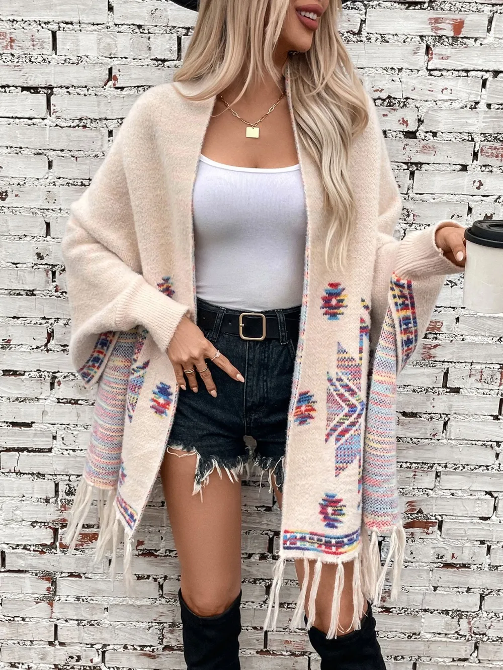 Fringe Geometric Open Front Long Sleeve Cape, image 5