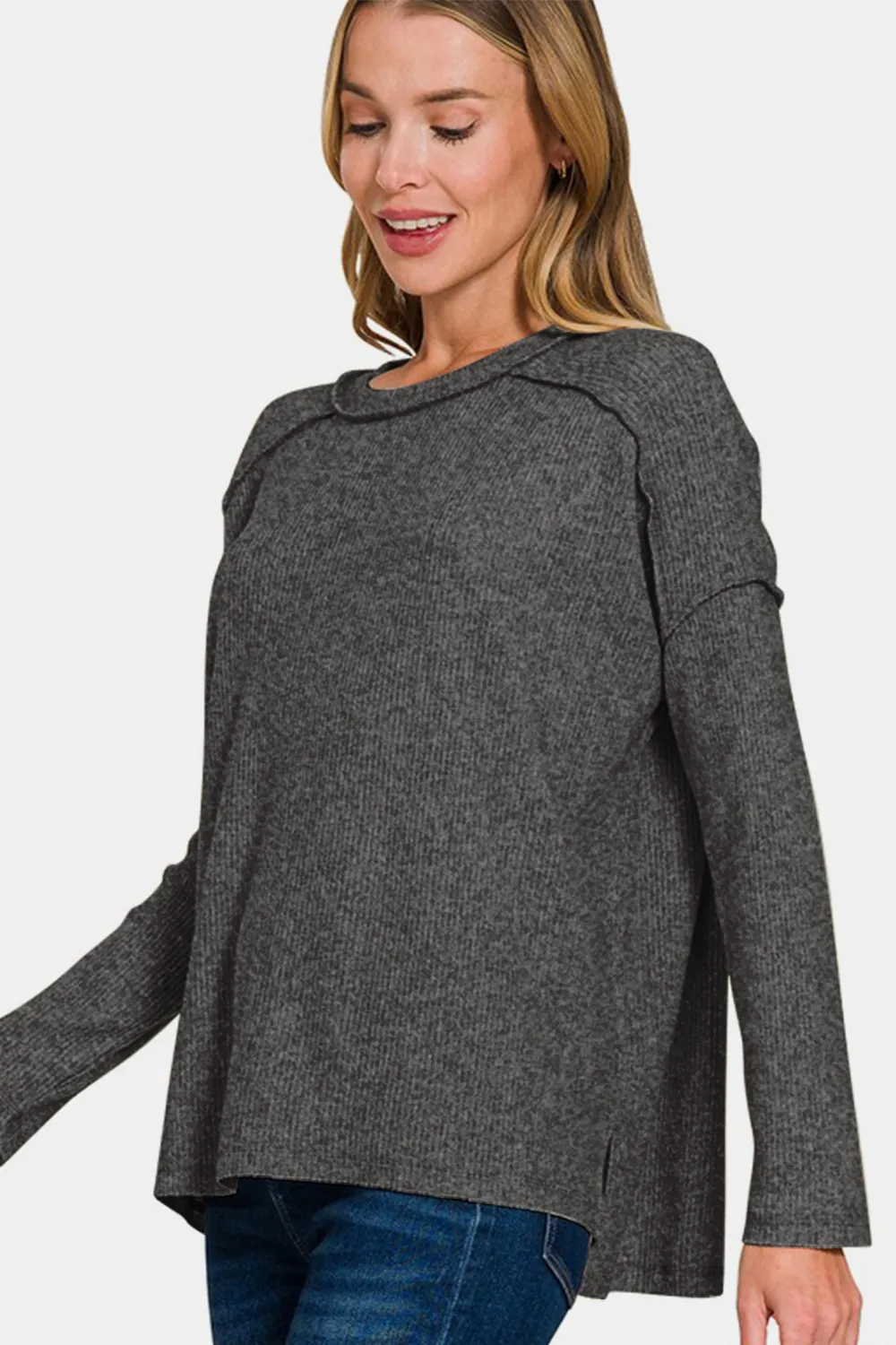 Full Size Exposed Seam Brushed Round Neck Sweater, image 3