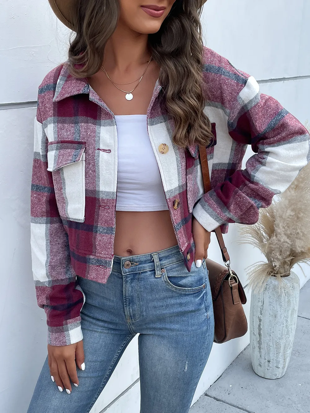 Plaid Button Up Drop Shoulder Cropped Jacket, image 15