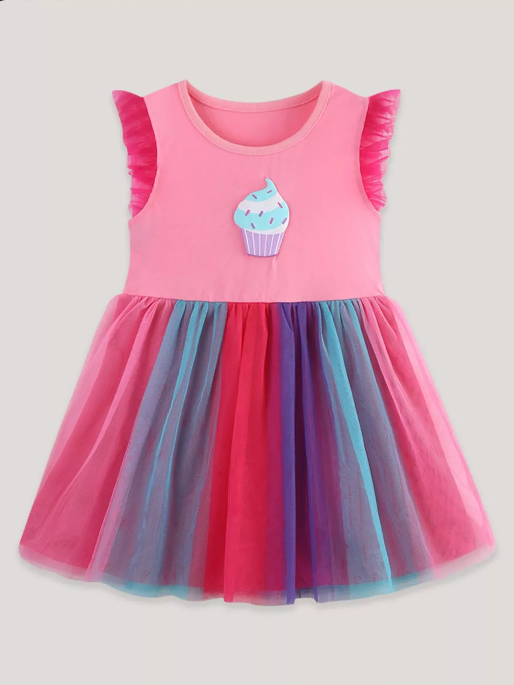 Children's Cupcake Graphic Rainbow Tulle Dress, image 2