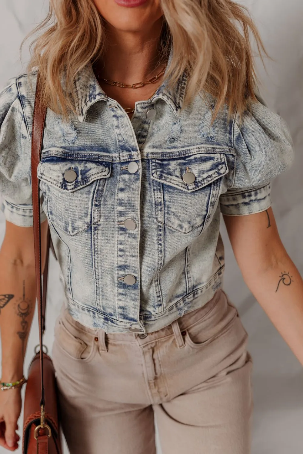 Wash Buttoned Chest Pocket Puff Sleeve Denim Jacket, image 3