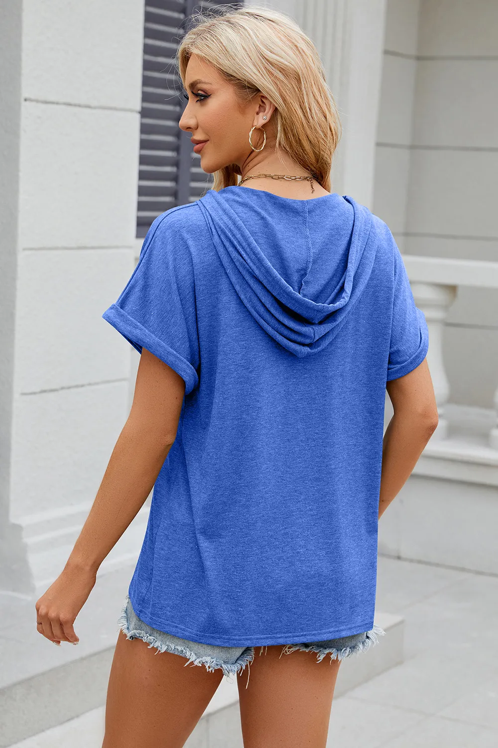 Half Button Drawstring Short Sleeve Hooded T-Shirt, image 13