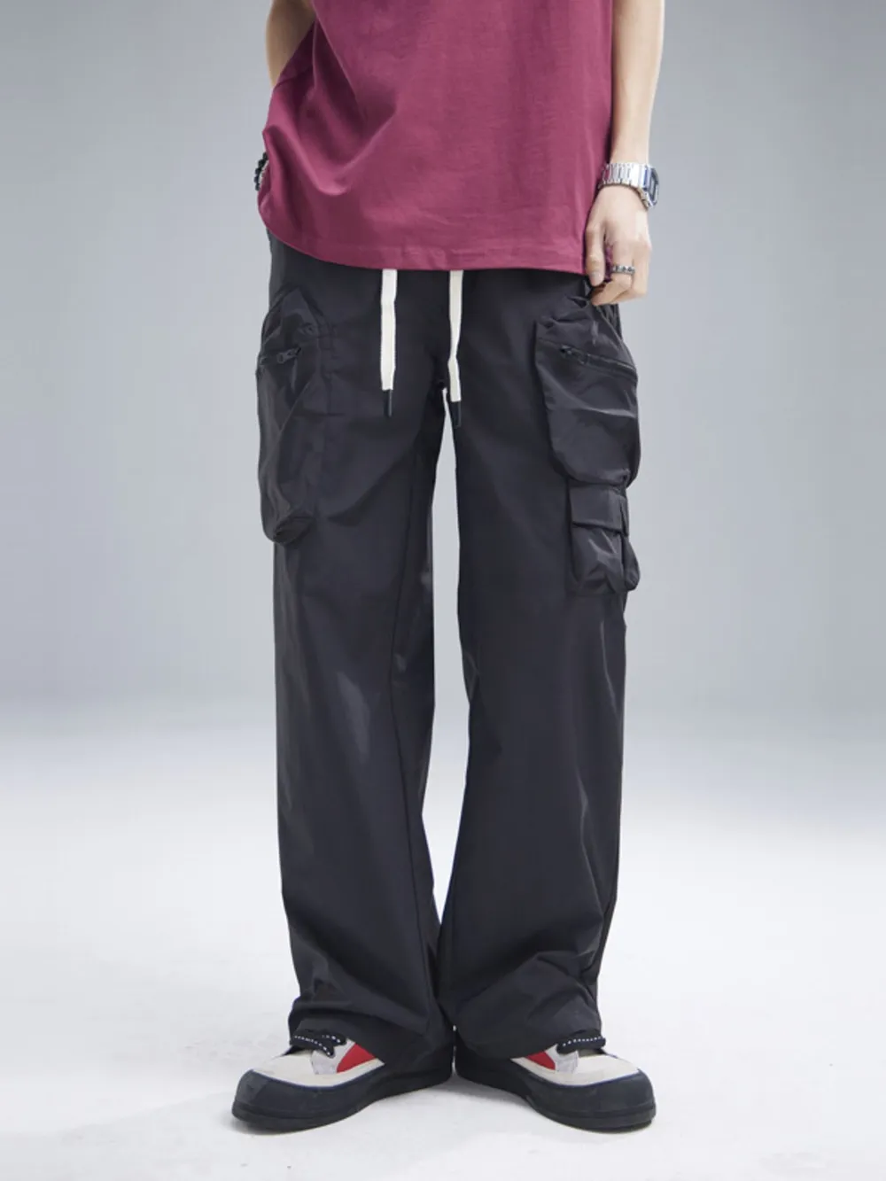 Men's Multi-Pocket Cargo Wide Leg Pants with Drawstring Waist, image 3
