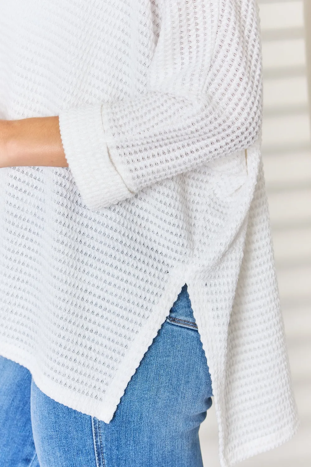 Full Size Waffle Knit V-Neck Long Sleeve Slit Top, image 5