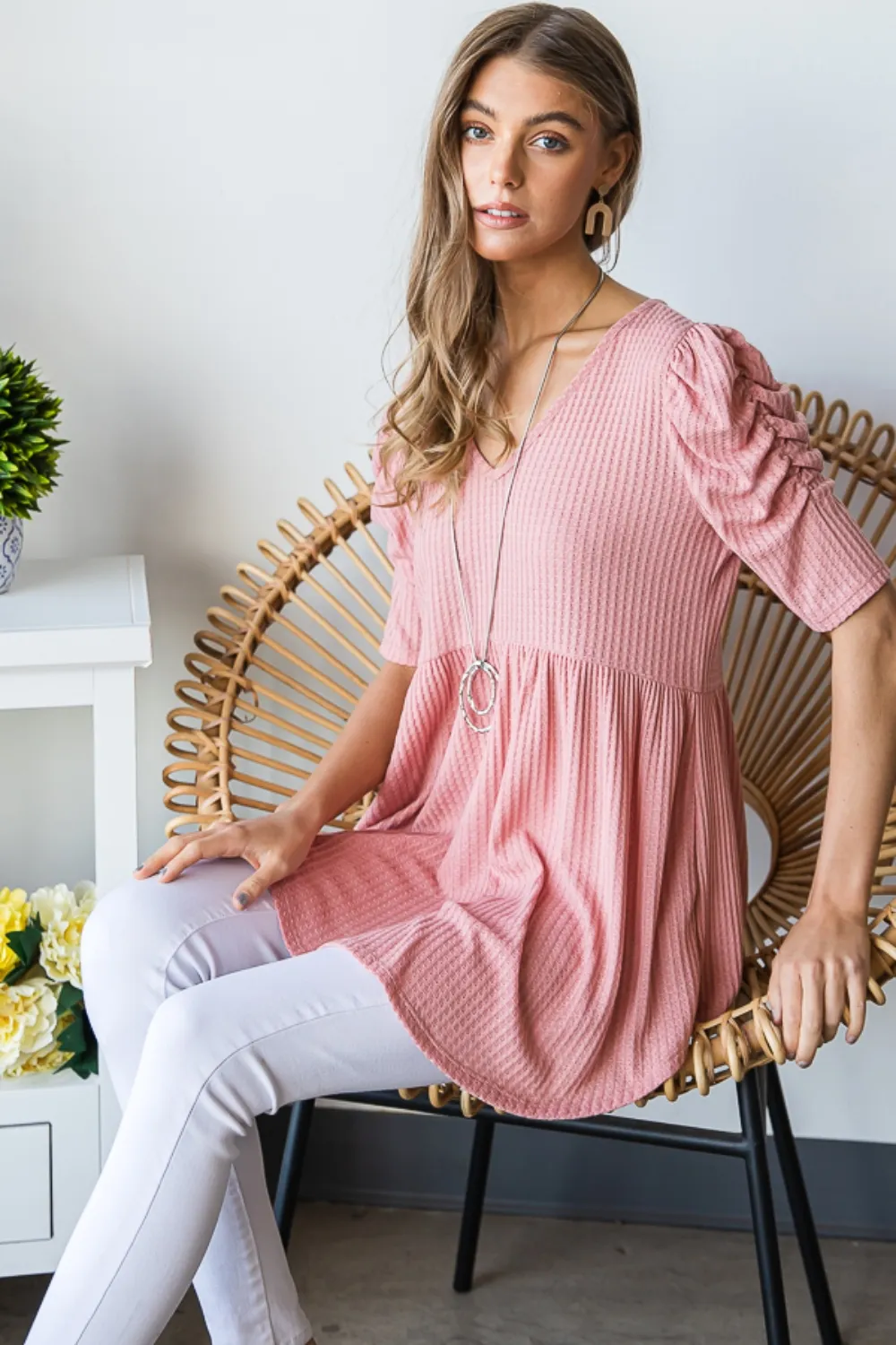 Full Size Waffle Knit V-Neck Babydoll Top, image 9