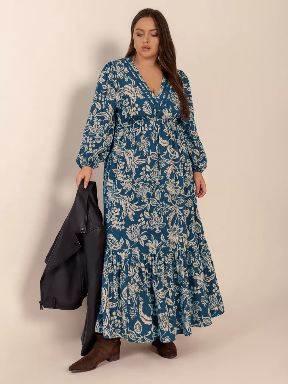 Plus Size Boho Floral Print Long Sleeve Maxi Dress, image 5