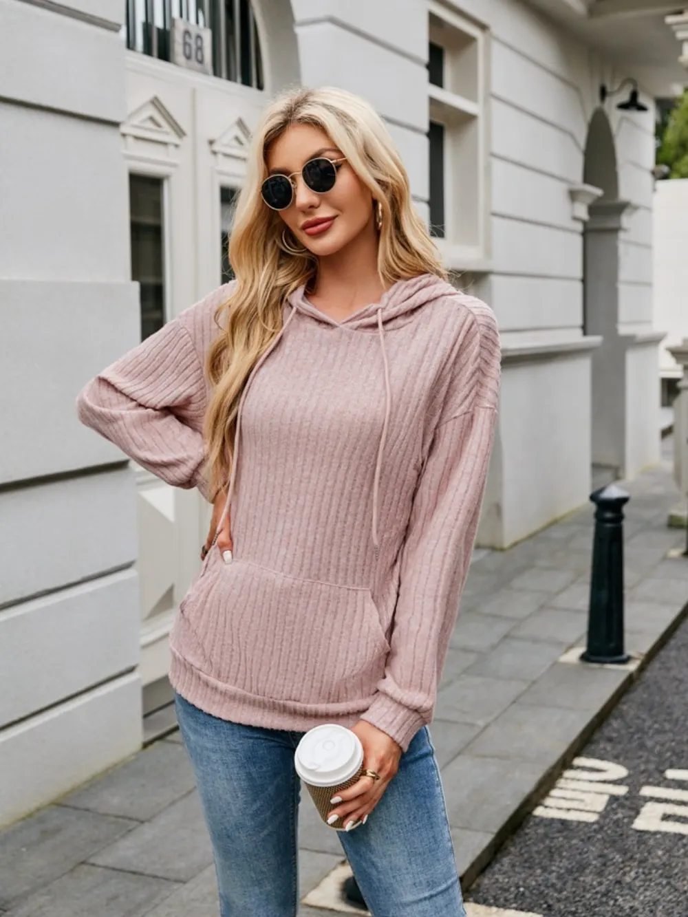 Ribbed Drawstring Long Sleeve Hoodie, image 9