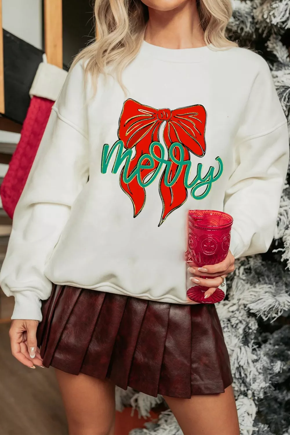 Merry Bow Graphic Drop Shoulder Loose Christmas Sweatshirt, image 3