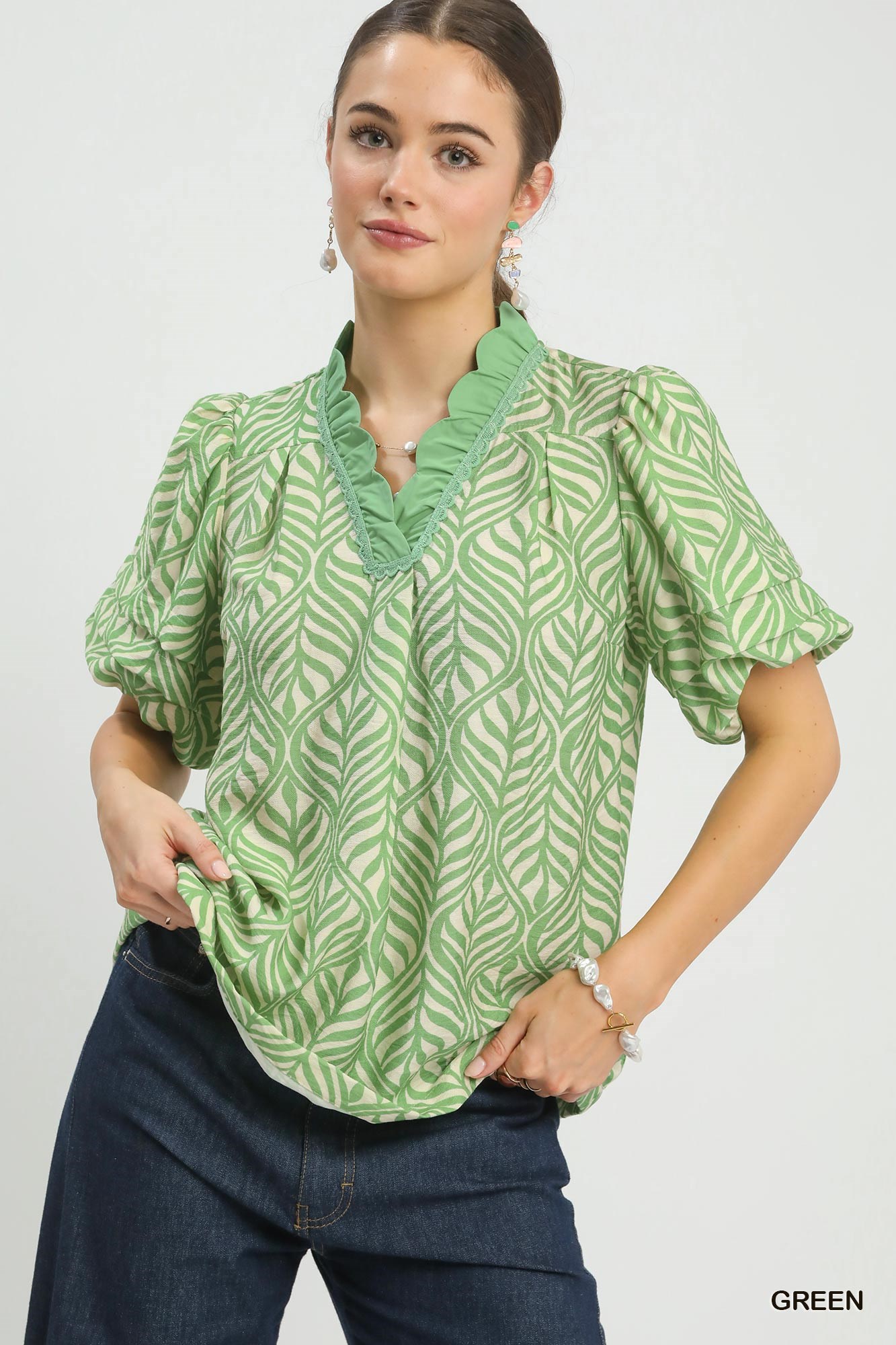 Printed Puff Sleeve Ruffle Neck Top