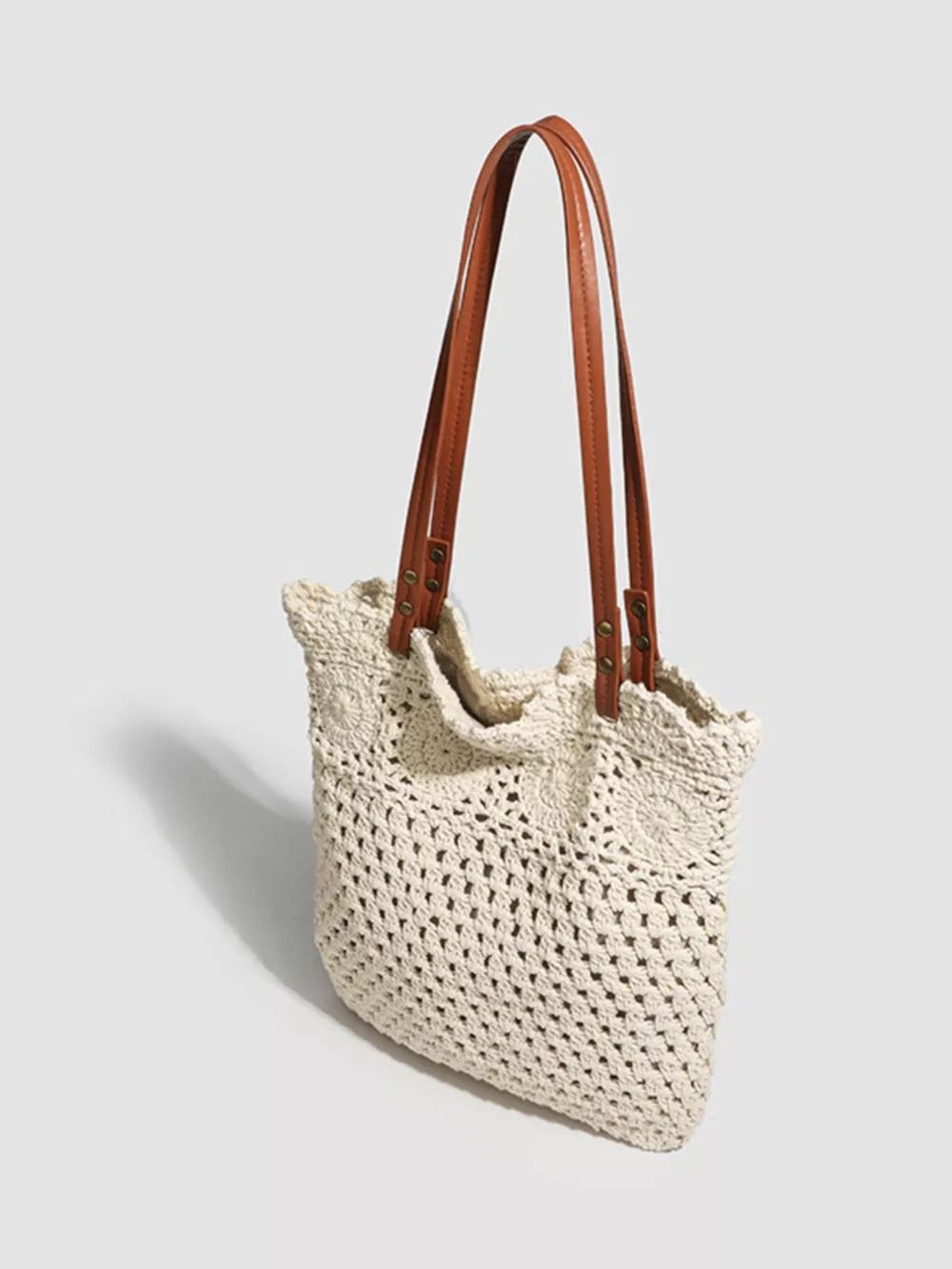 Bohemian Crochet Knit Tote Handbag with Leather Handles, image 3