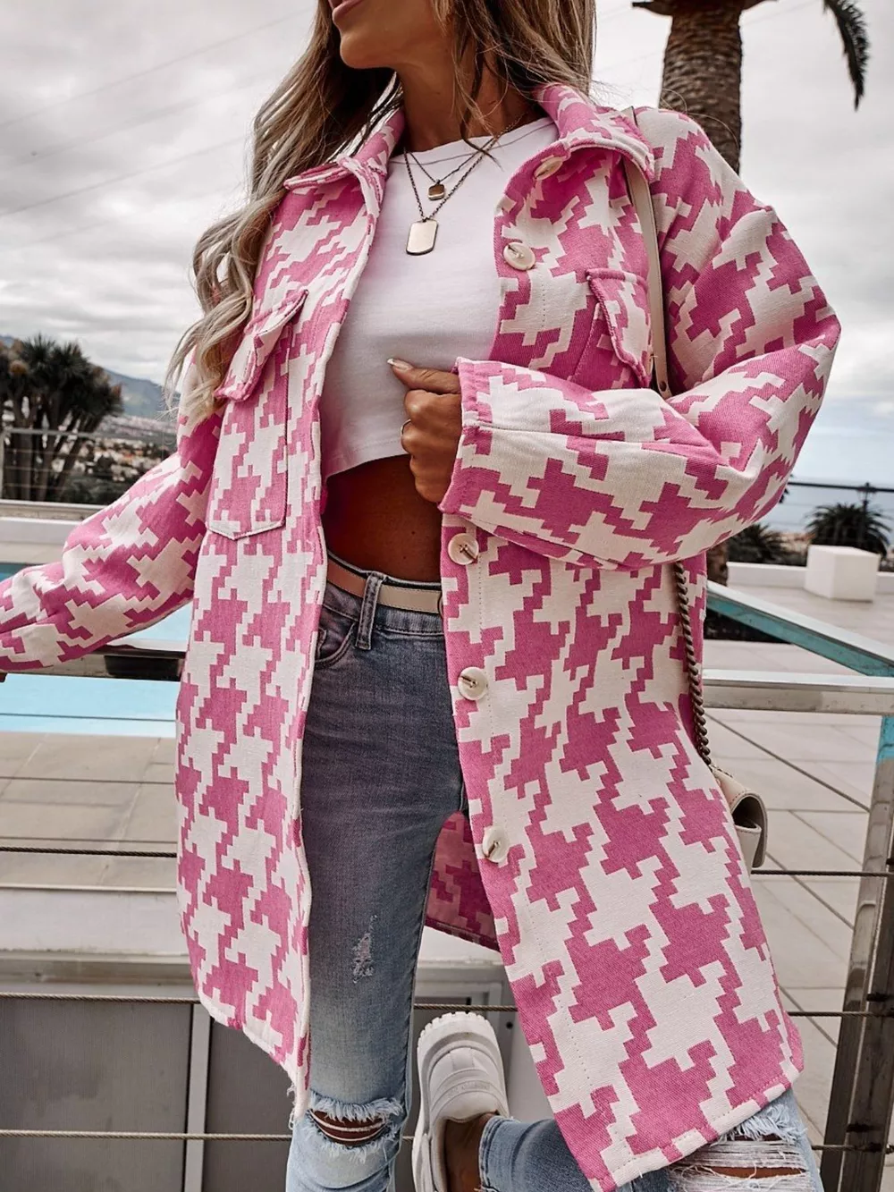 Houndstooth Button Up Long Sleeve Outerwear, image 4